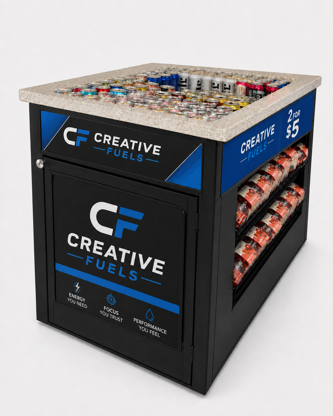 Medium beer bin merchandised with energy drinks and branded Creative Fuels graphics