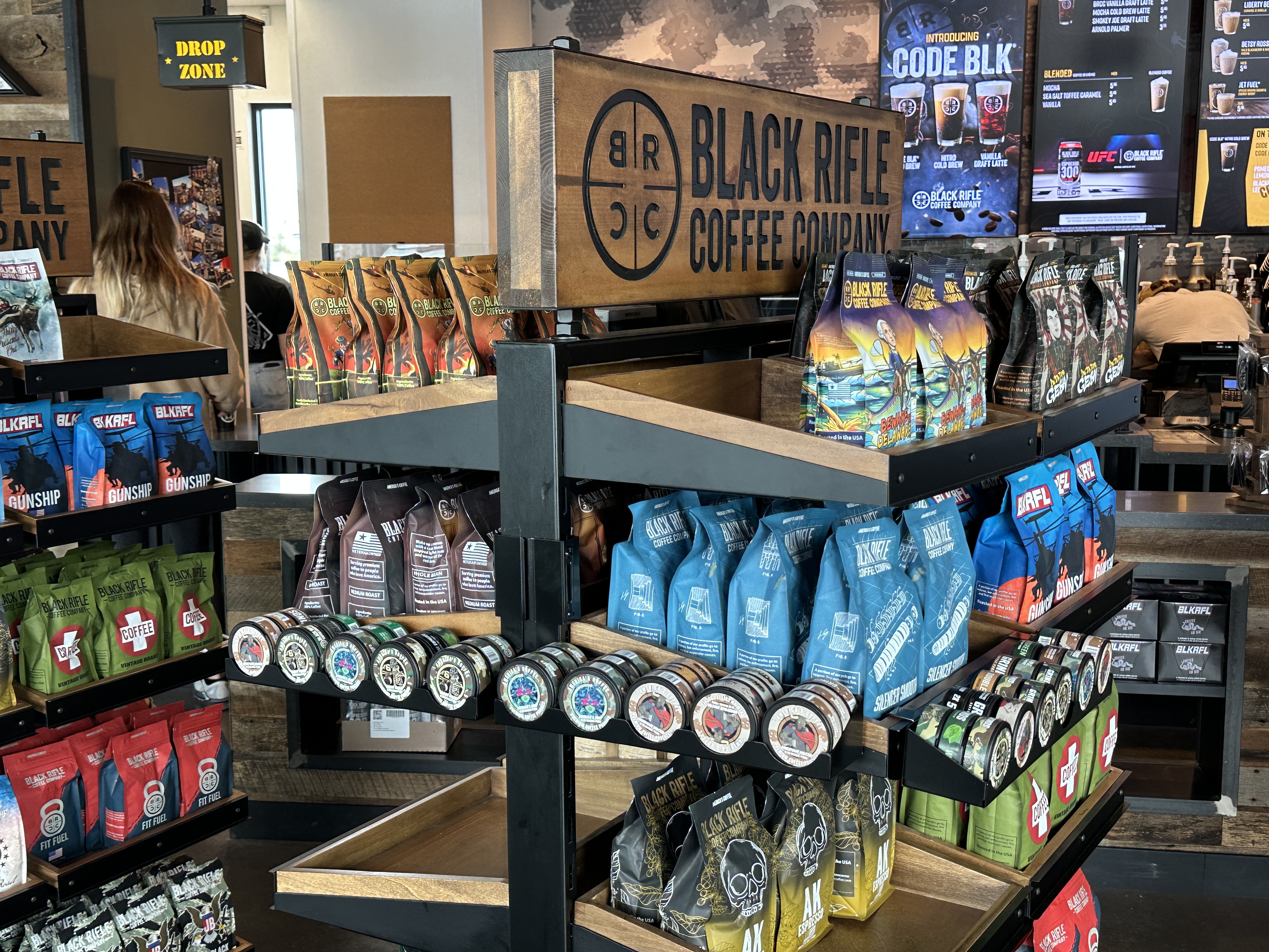 Custom coffee merchandiser display by Creative Display Works for Grinds Coffee