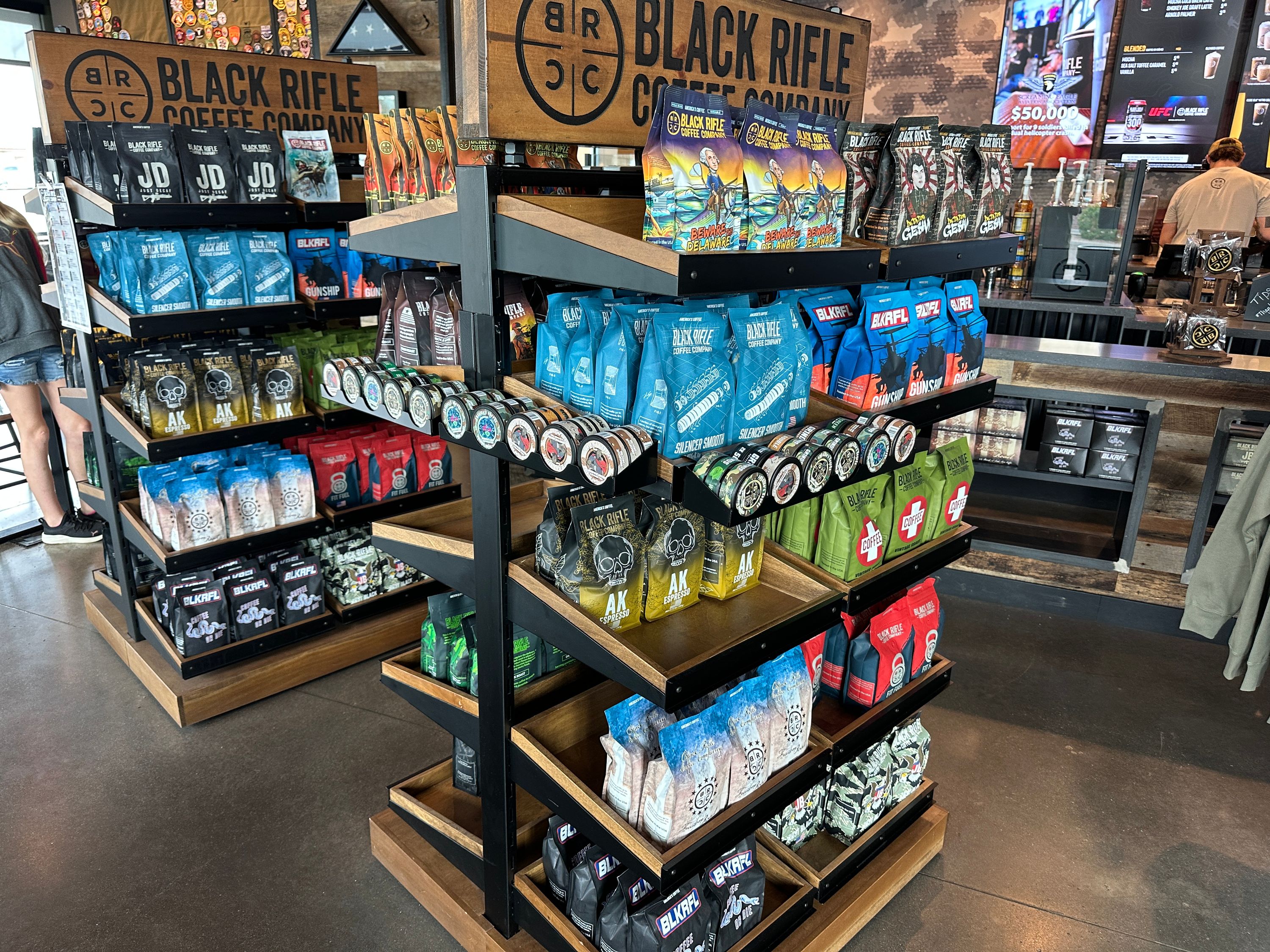 Custom coffee retail display fixture by Creative Display Works for Grinds Coffee