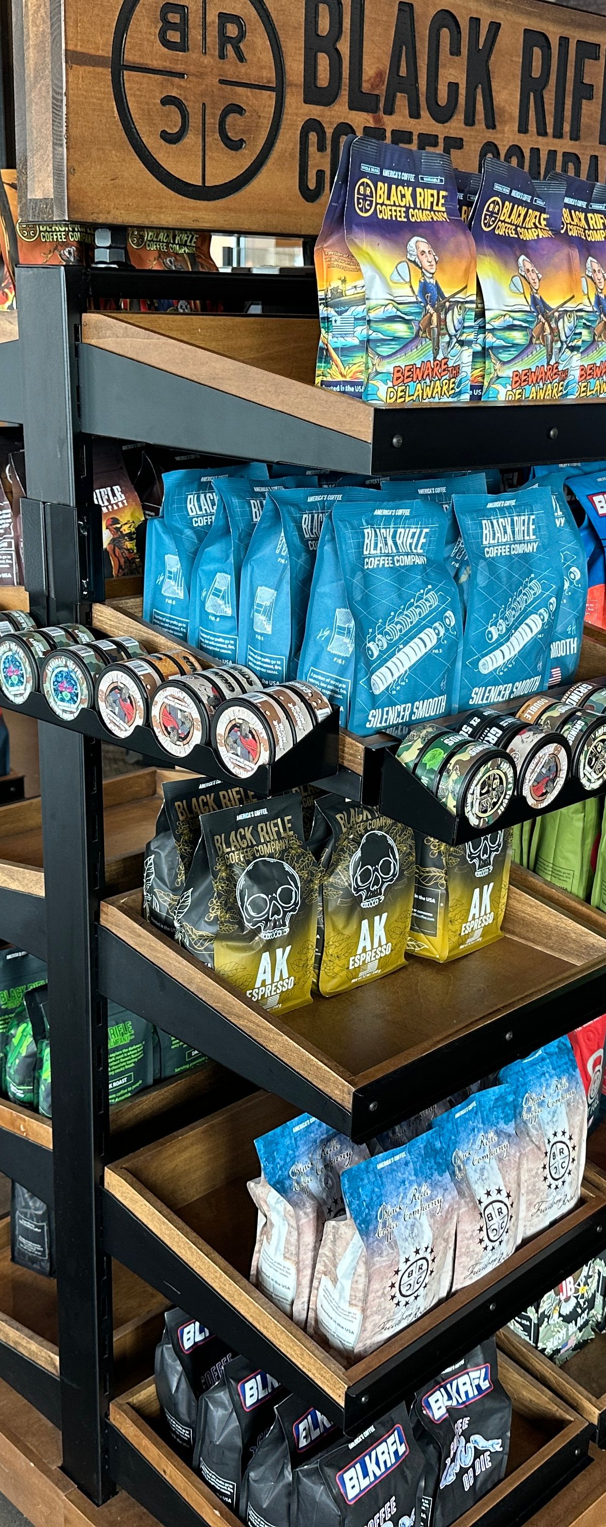 Custom coffee retail display fixture by Creative Display Works for Grinds Coffee