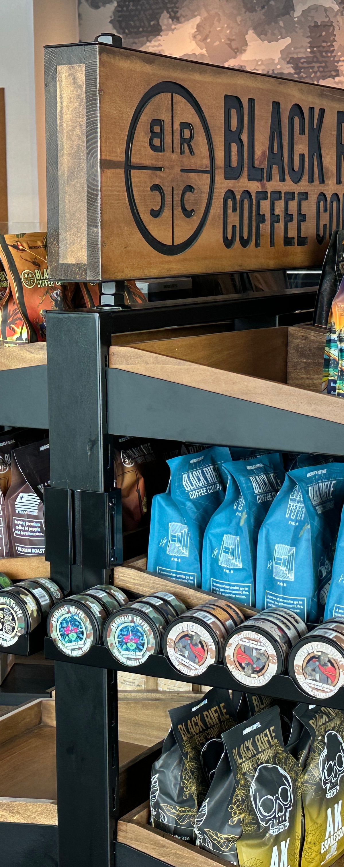 Custom coffee merchandiser display by Creative Display Works for Grinds Coffee